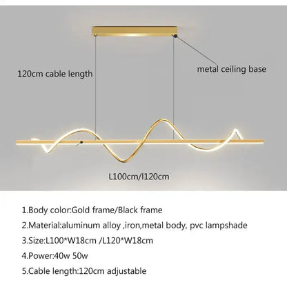 Modern wavy gold led chandelier pendant light for dining room