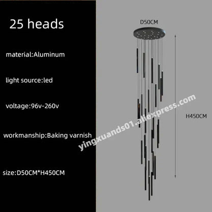 Modern black cylindrical led chandelier stairs pendant for lobby