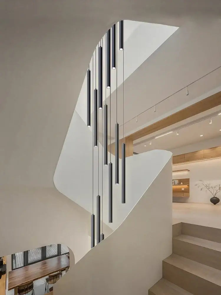 Modern black cylindrical led chandelier stairs pendant for lobby