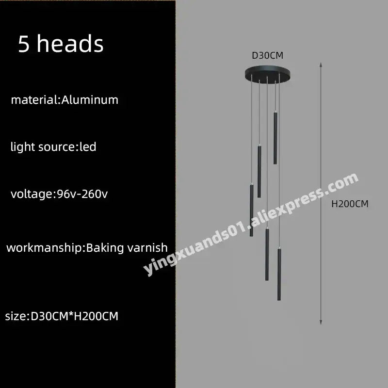 Modern black cylindrical led chandelier stairs pendant for lobby