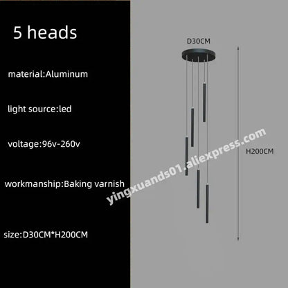 Modern black cylindrical led chandelier stairs pendant for lobby