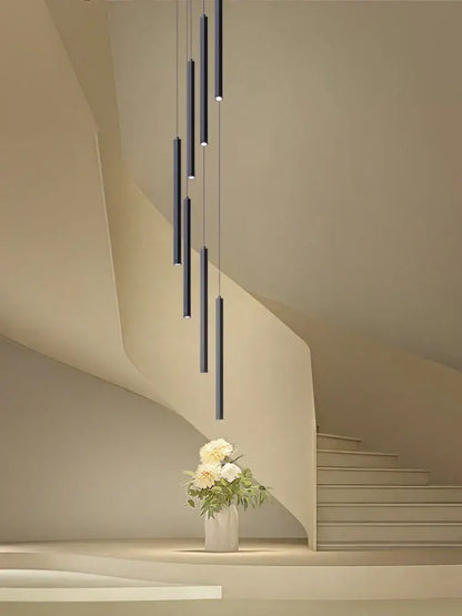 Modern black cylindrical led chandelier stairs pendant for lobby