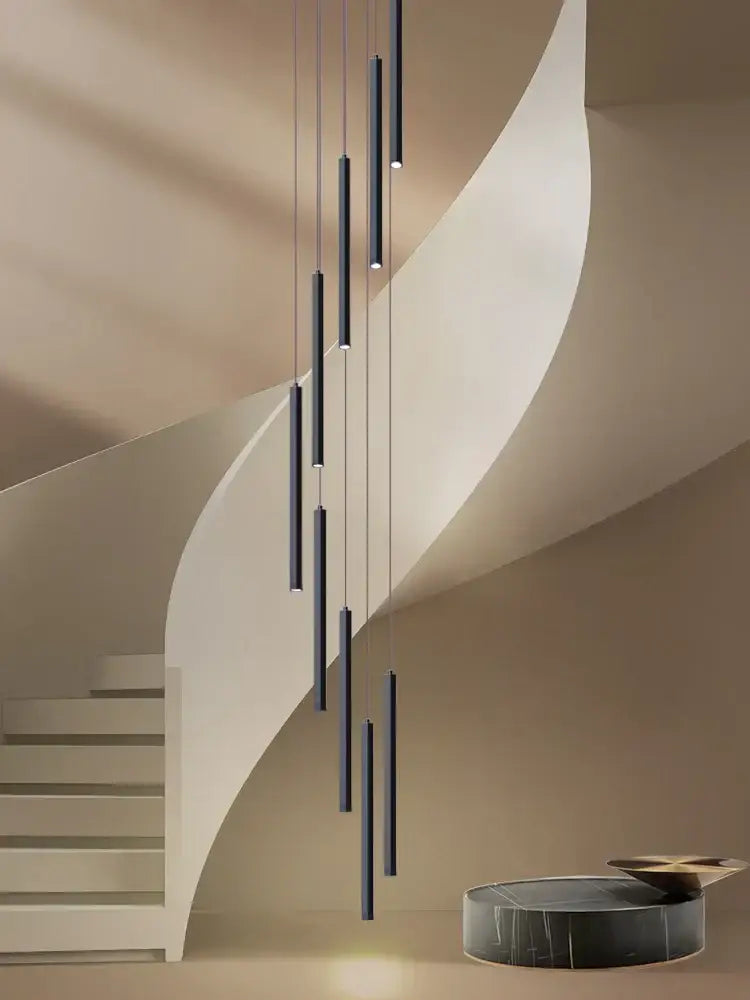 Modern black cylindrical led chandelier stairs pendant for lobby