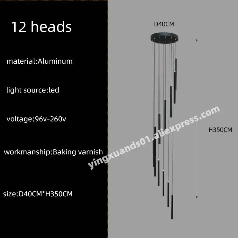 Modern black cylindrical led chandelier stairs pendant for lobby
