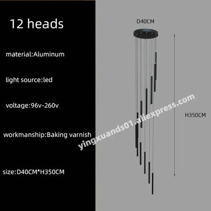 Modern black cylindrical led chandelier stairs pendant for lobby