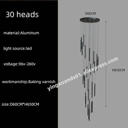 Modern black cylindrical led chandelier stairs pendant for lobby