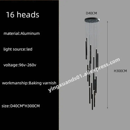 Modern black cylindrical led chandelier stairs pendant for lobby