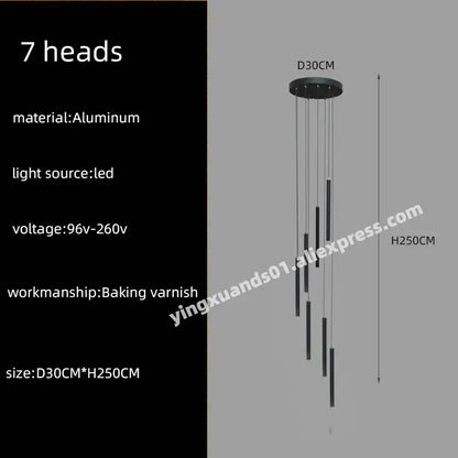 Modern black cylindrical led chandelier stairs pendant for lobby