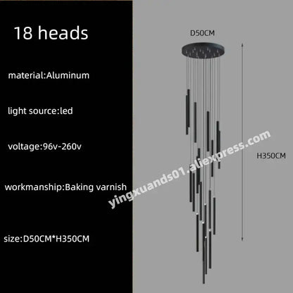 Modern black cylindrical led chandelier stairs pendant for lobby