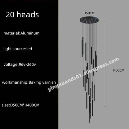 Modern black cylindrical led chandelier stairs pendant for lobby