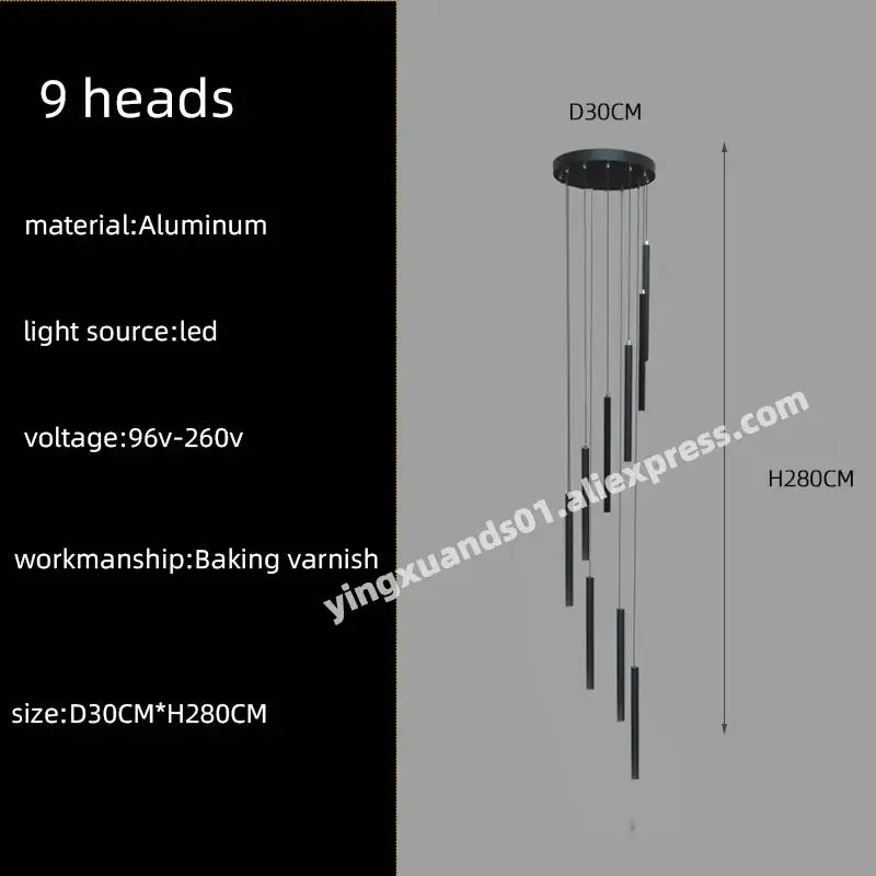 Modern black cylindrical led chandelier stairs pendant for lobby