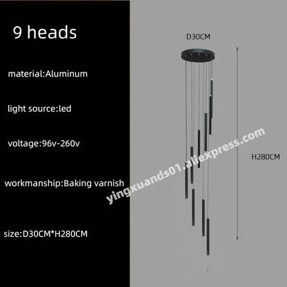 Modern black cylindrical led chandelier stairs pendant for lobby