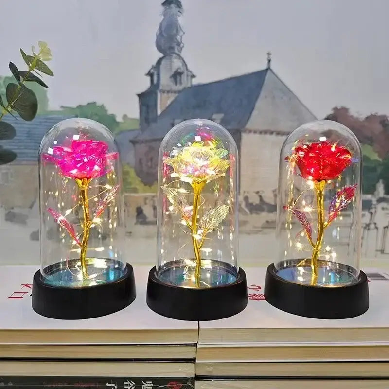 Set of 3 golden eternal rose light glass domes bedroom decor