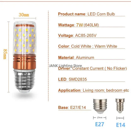 7w aluminum e14 85-265v bulbs warm & cold white dining room light
