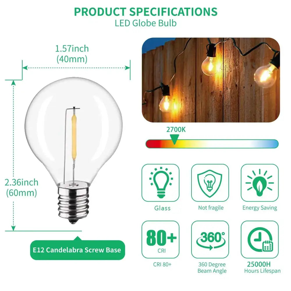 Clear glass led g40 e12 bulbs 25 pack outdoor garden decor