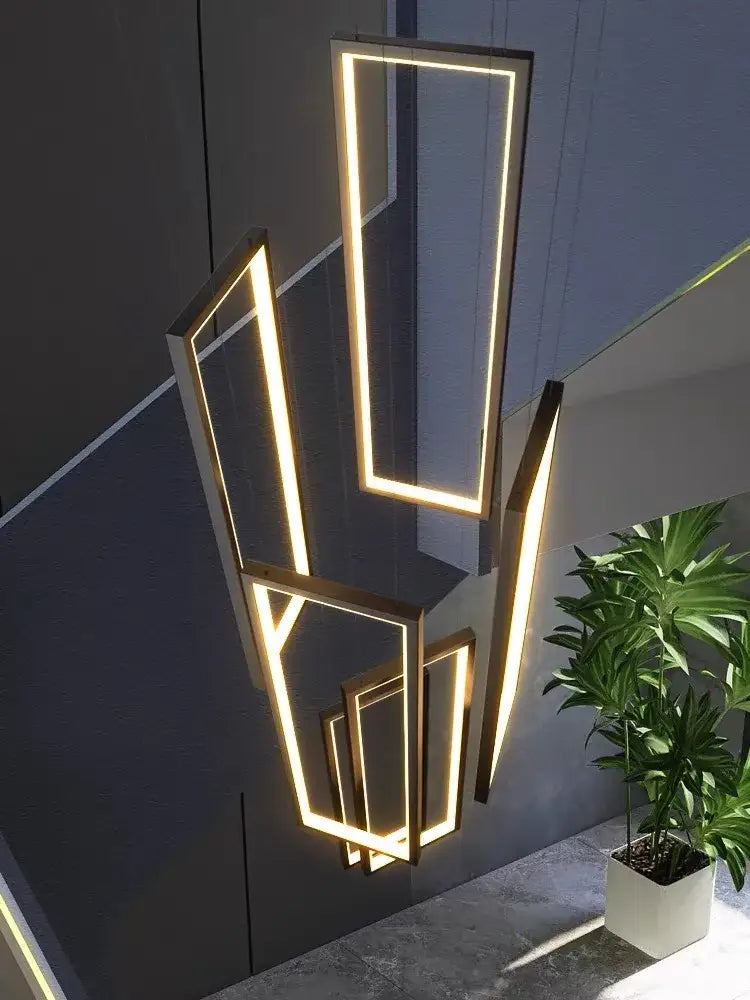 Modern black & gold led geometry stair chandelier