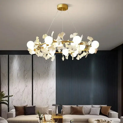 Modern gold led gingko leaf chandelier living room light
