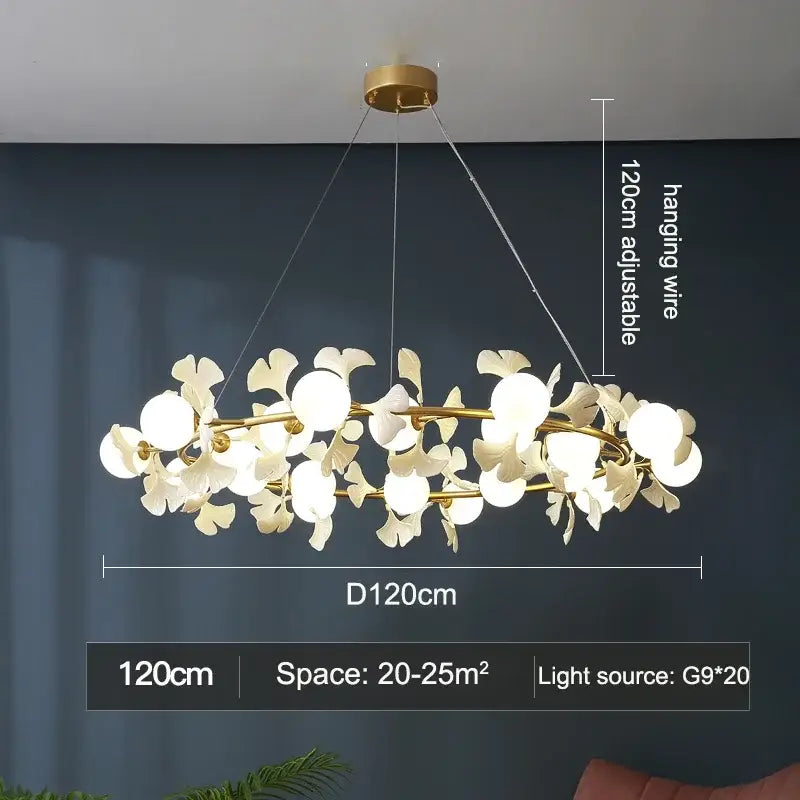 Modern gold led gingko leaf chandelier living room light