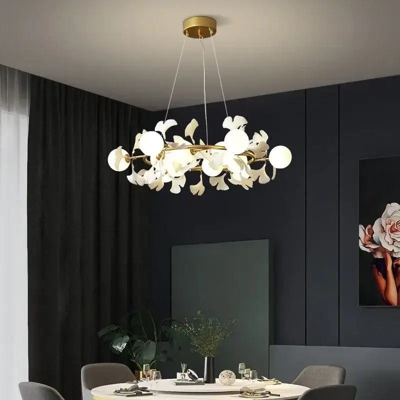 Modern gold led gingko leaf chandelier living room light