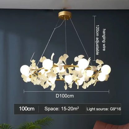 Modern gold led gingko leaf chandelier living room light