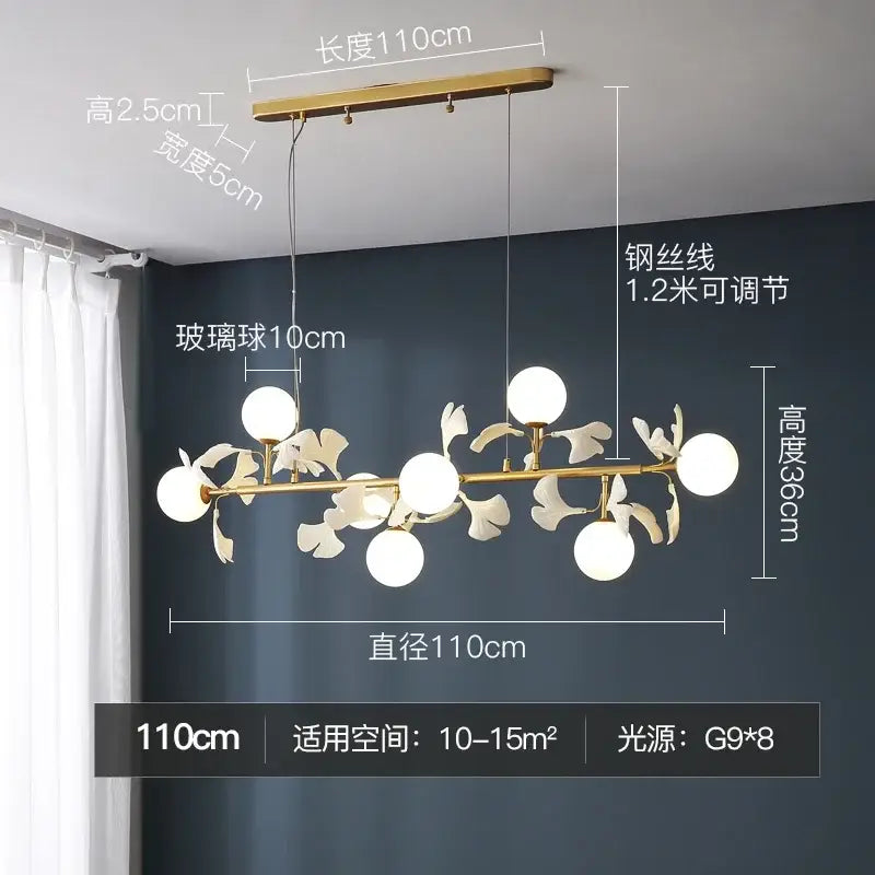 Modern gold led gingko leaf chandelier living room light