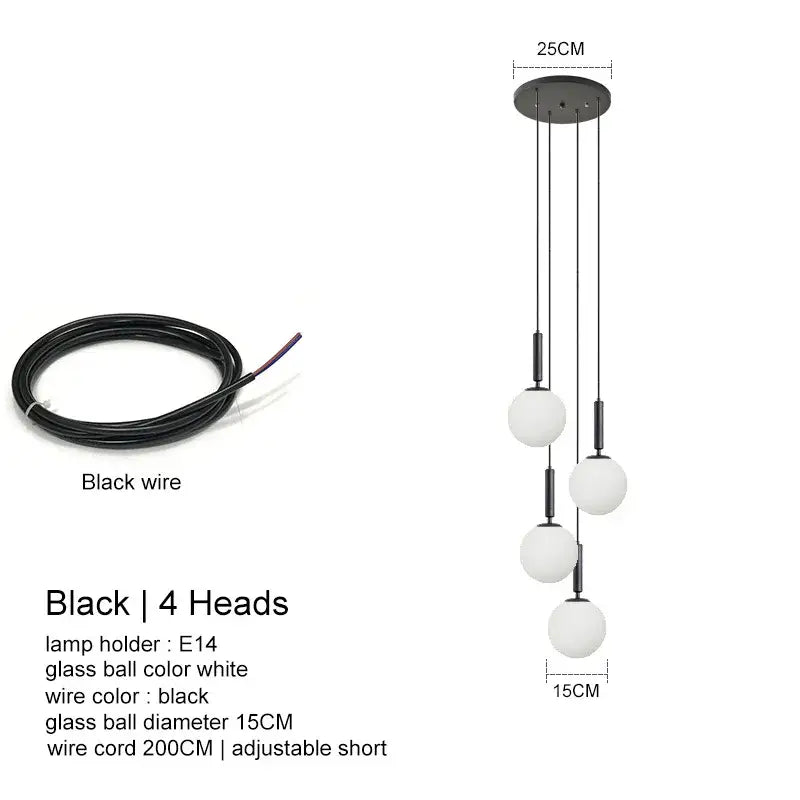 Modern black led glass ball chandelier living room pendant light