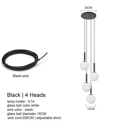 Modern black led glass ball chandelier living room pendant light
