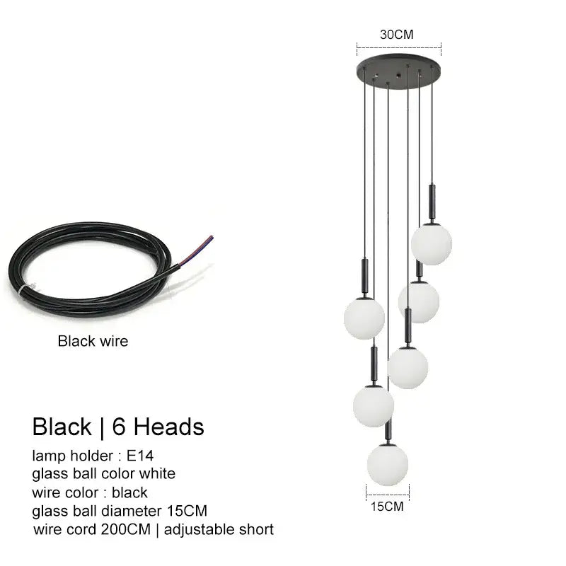 Modern black led glass ball chandelier living room pendant light