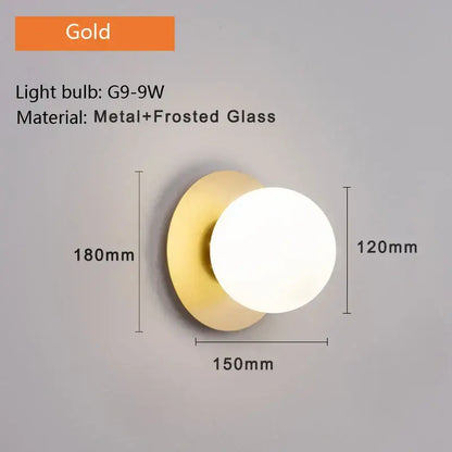 Modern matte black & gold led glass ball wall light bedroom sconce