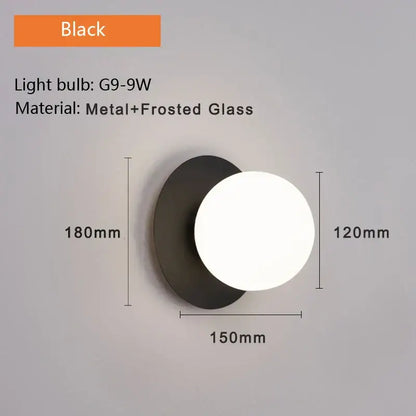 Modern matte black & gold led glass ball wall light bedroom sconce