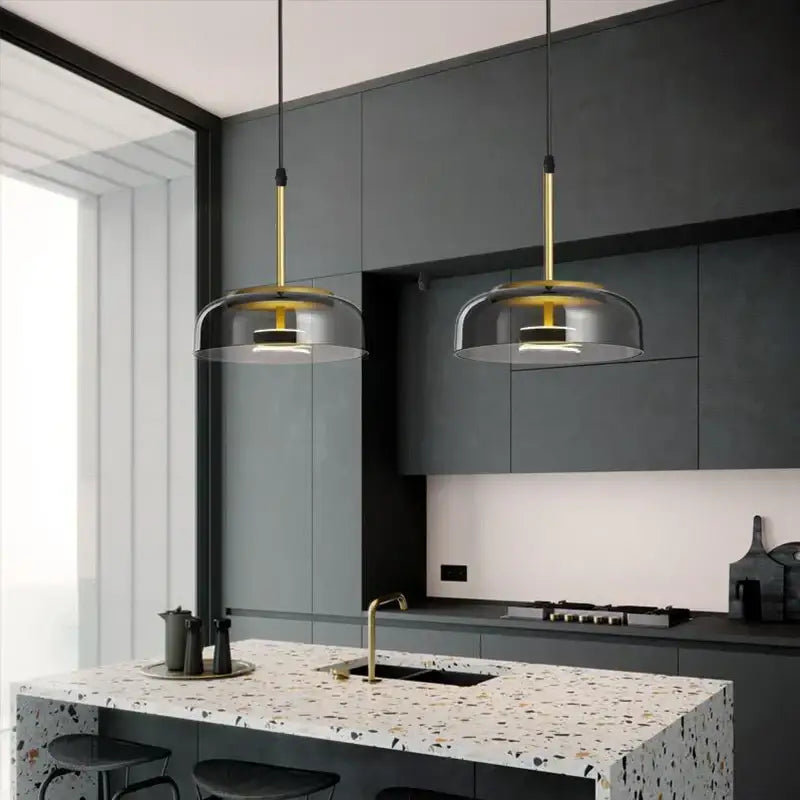 Modern gold smoked led glass bowl pendant light dining room