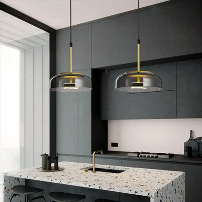 Modern gold smoked led glass bowl pendant light dining room