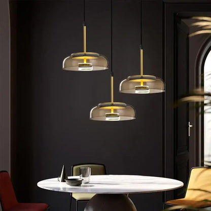 Modern gold smoked led glass bowl pendant light dining room
