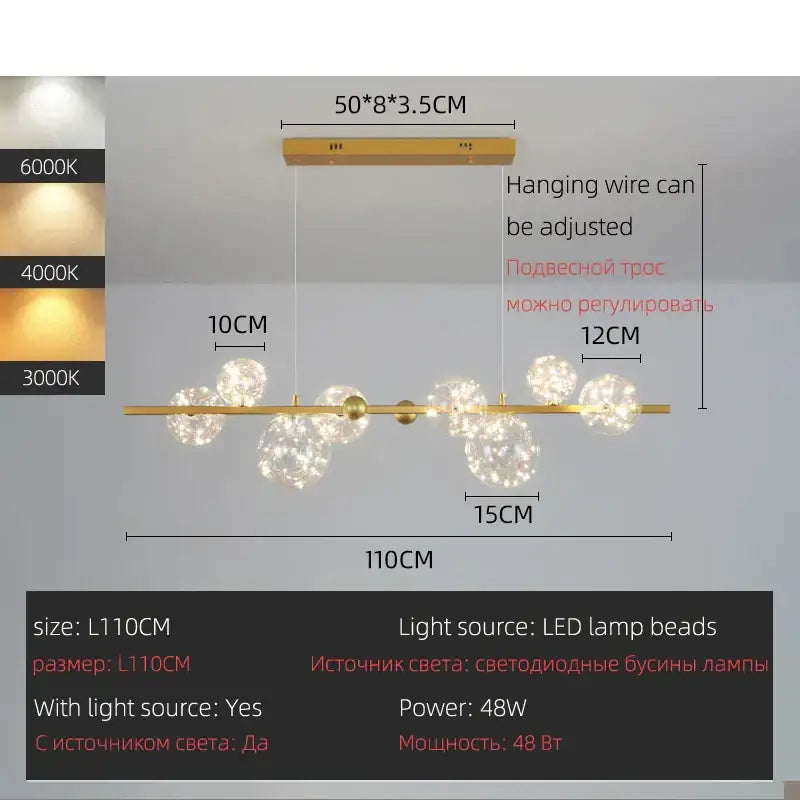Modern gold & black led glass bulb pendant light dining room