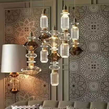 Modern clear & amber glass chandelier dining room brass light