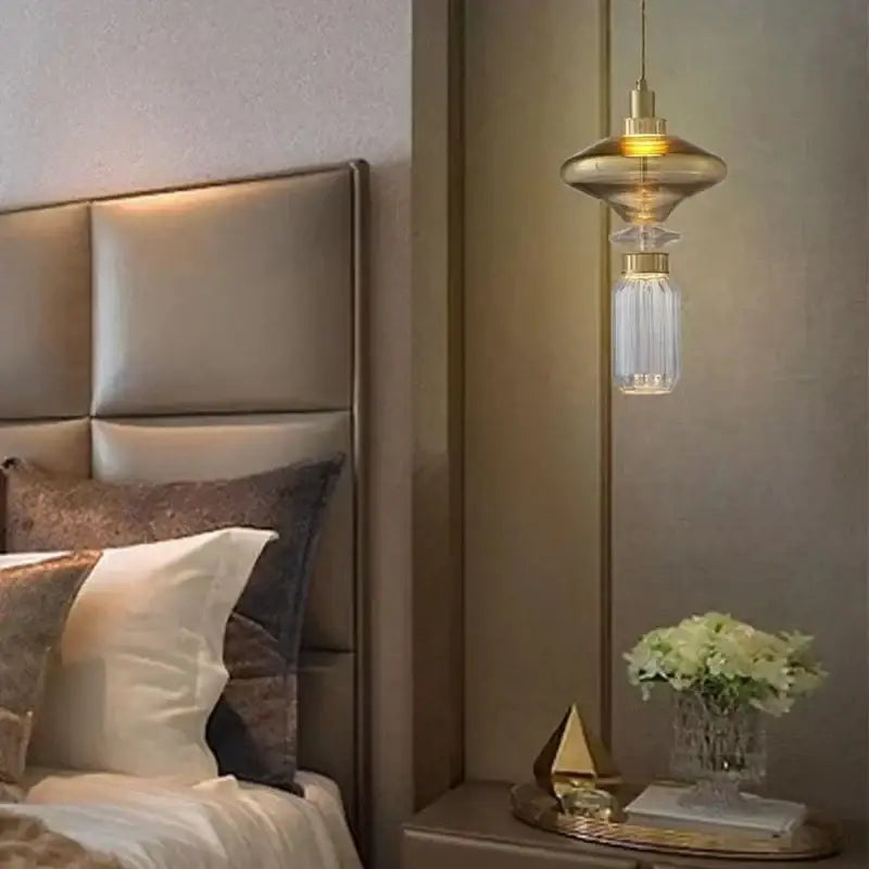 Modern clear & amber glass chandelier dining room brass light