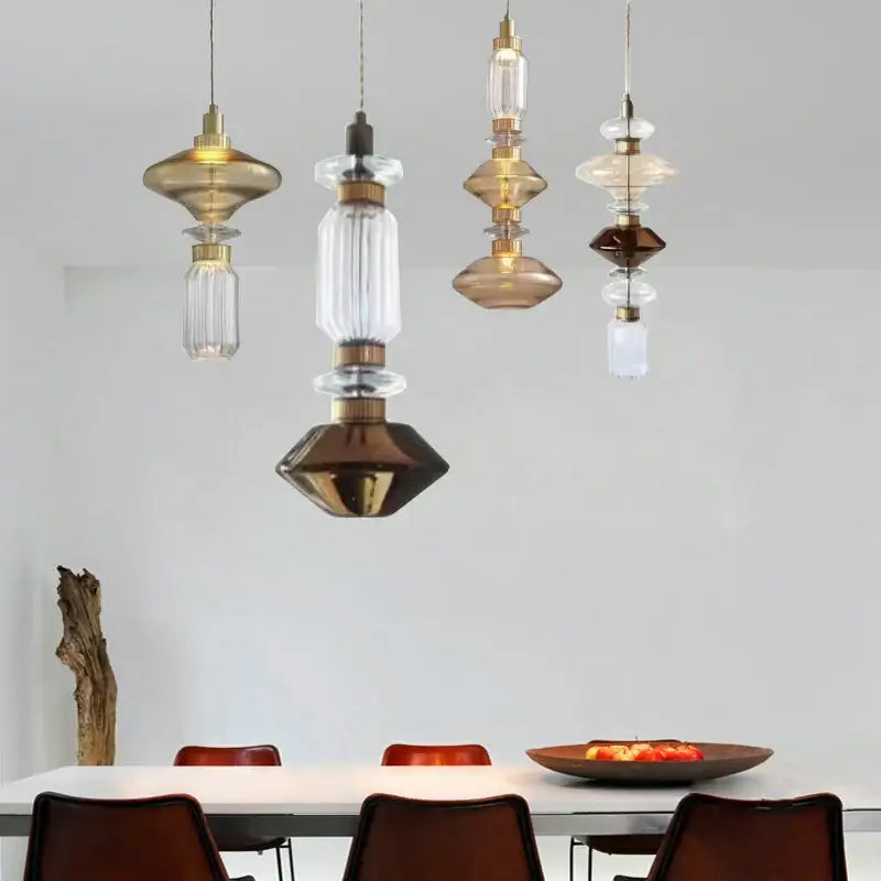 Modern clear & amber glass chandelier dining room brass light
