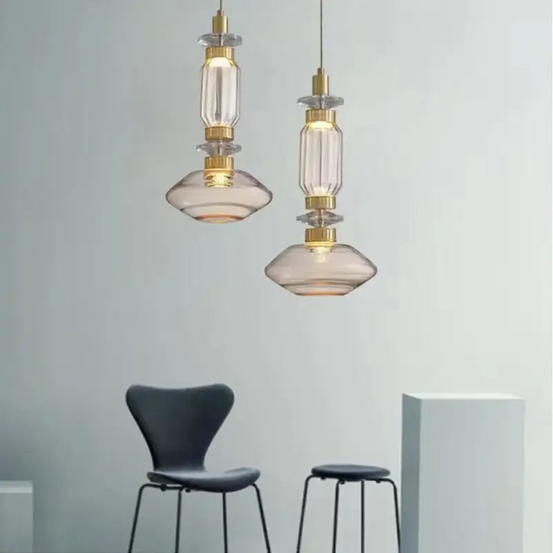 Modern clear & amber glass chandelier dining room brass light