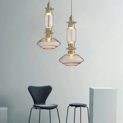 Modern clear & amber glass chandelier dining room brass light