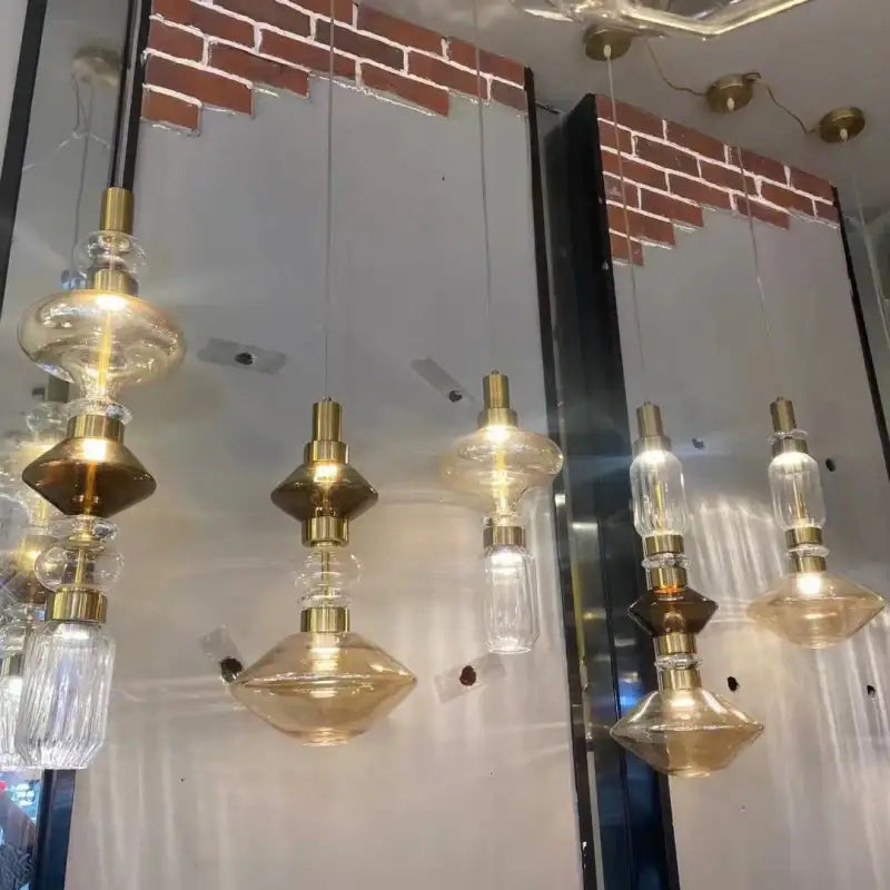Modern clear & amber glass chandelier dining room brass light