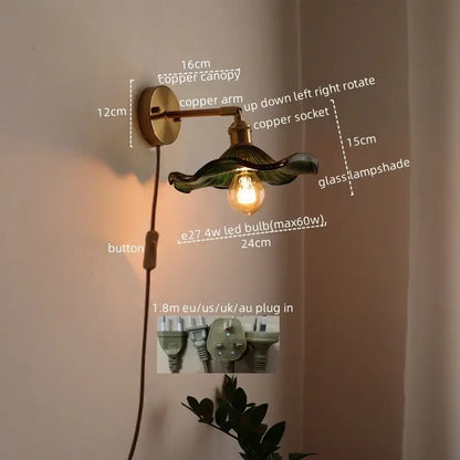 Green ribbed glass wall sconce with pull chain switch for bedroom