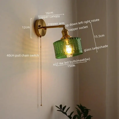 Green ribbed glass wall sconce with pull chain switch for bedroom