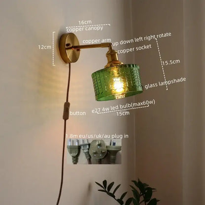Green ribbed glass wall sconce with pull chain switch for bedroom