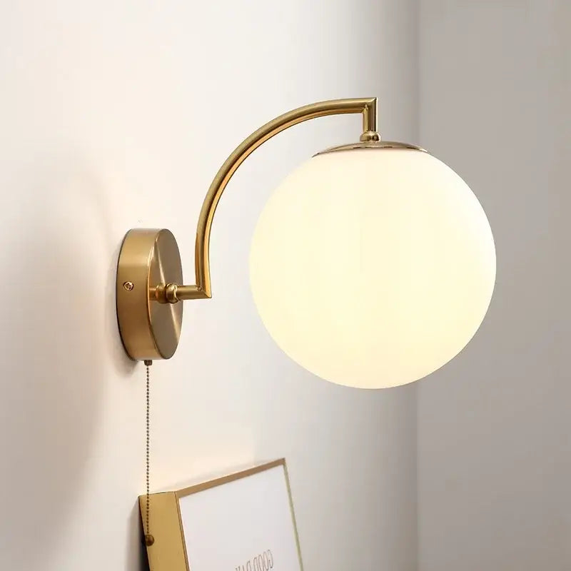 Gold led glass iron wall light with pull chain for bedroom