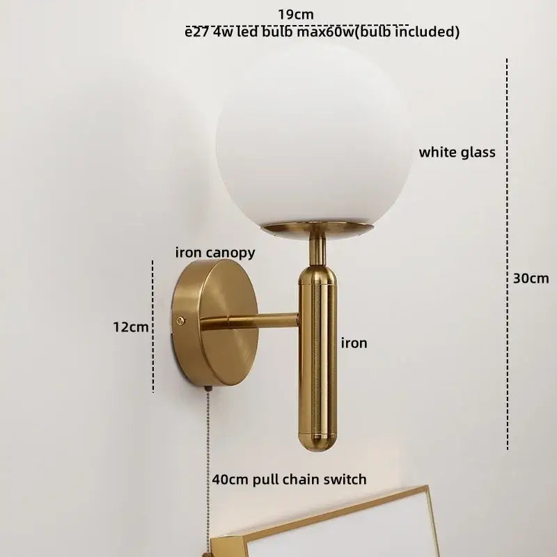 Gold led glass iron wall light with pull chain for bedroom