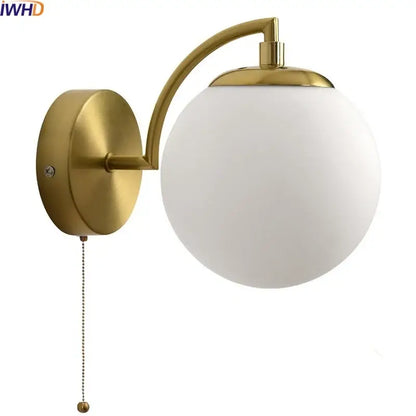 Gold led glass iron wall light with pull chain for bedroom