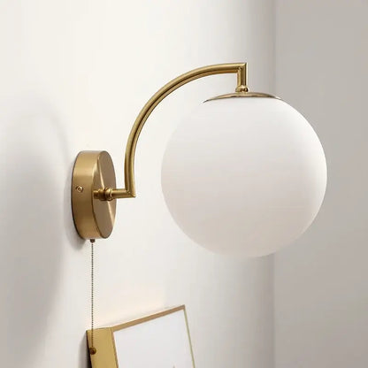 Gold led glass iron wall light with pull chain for bedroom
