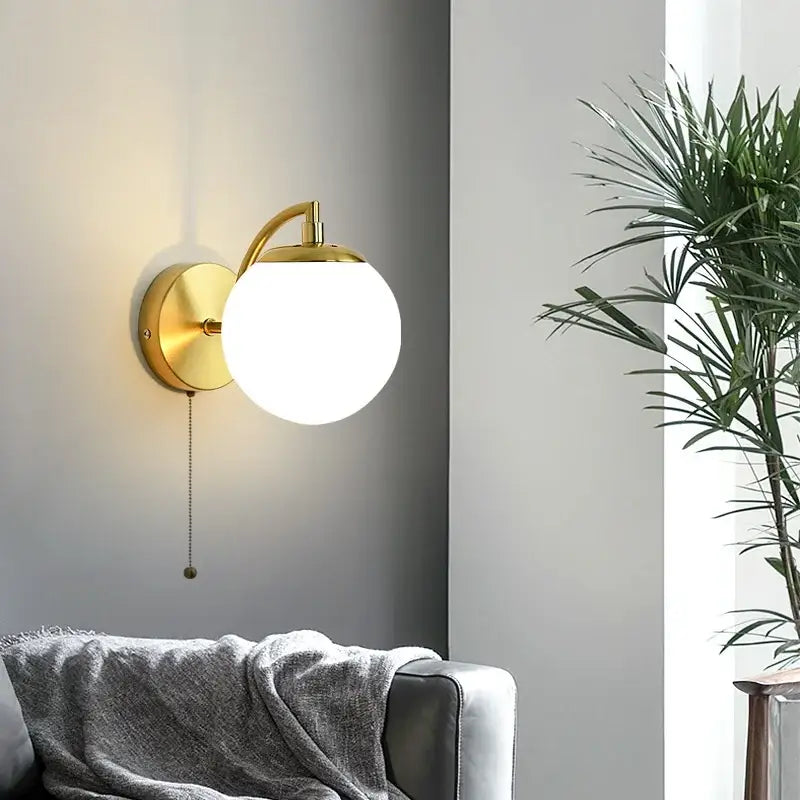 Gold led glass iron wall light with pull chain for bedroom