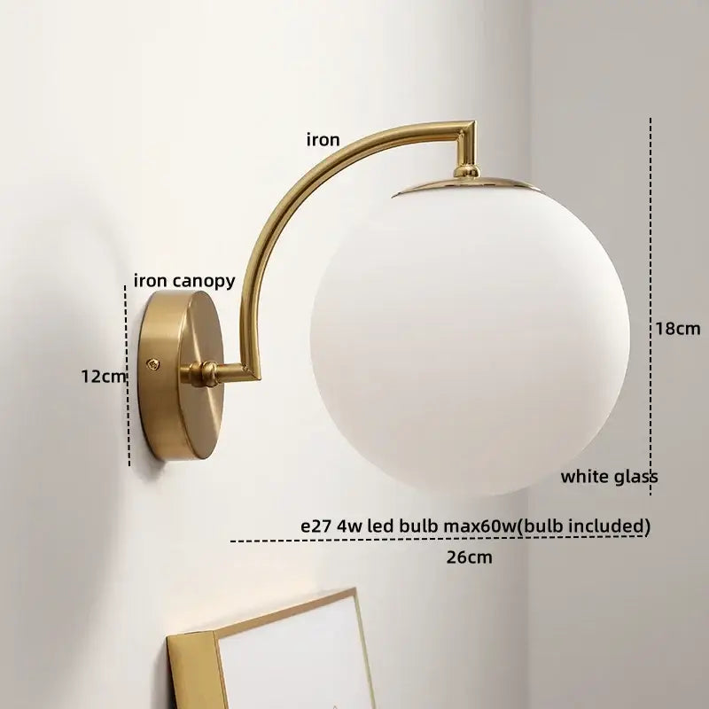 Gold led glass iron wall light with pull chain for bedroom