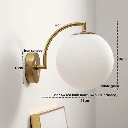 Gold led glass iron wall light with pull chain for bedroom